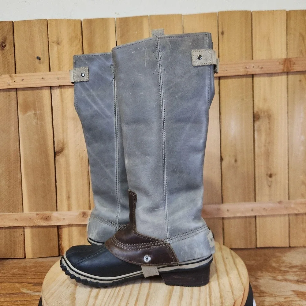 Sorel Slimpack Tall Equestrian Riding Boots Womens 8.5 Gray Leather Knee High
